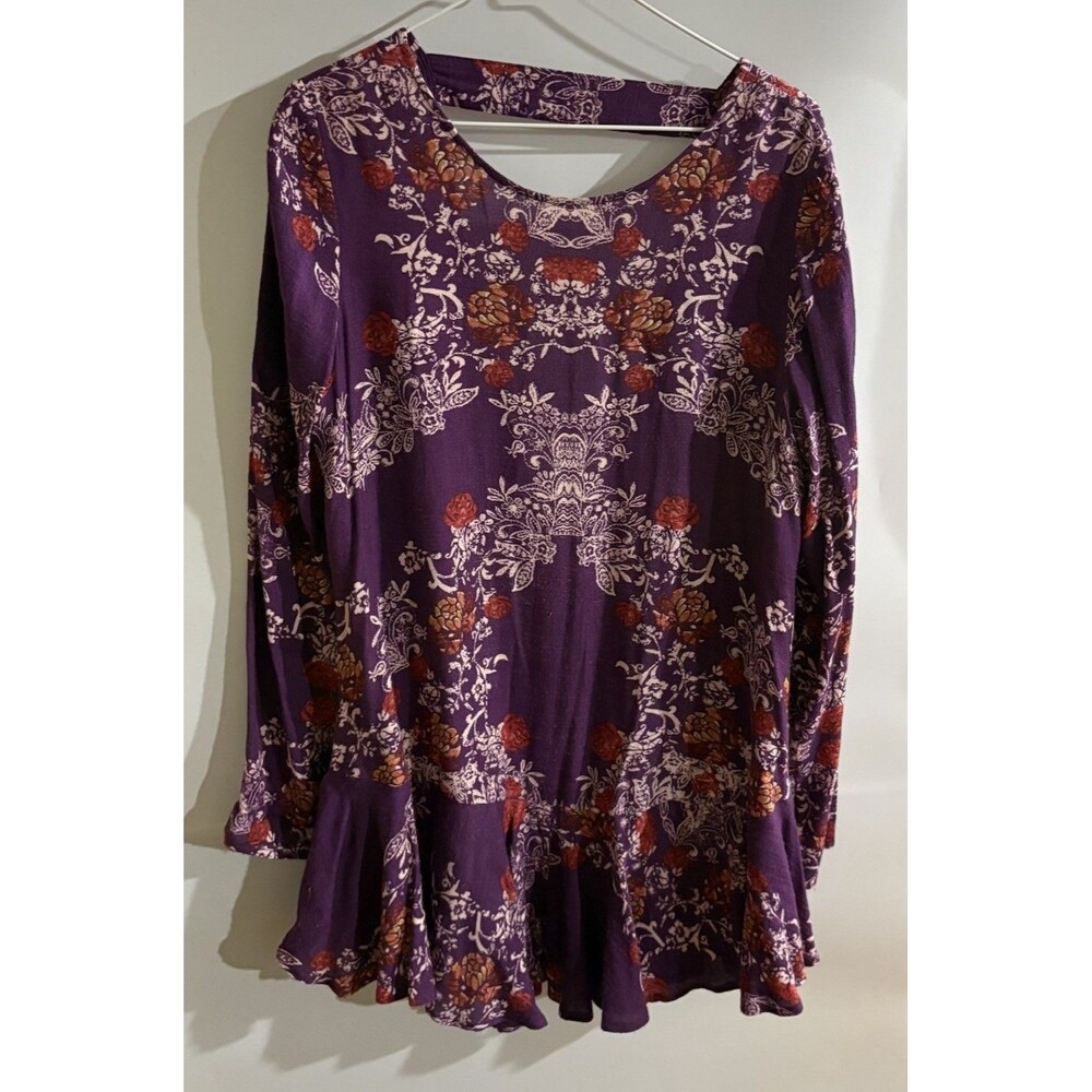 Free People Women’s Tunic S Purple Floral Scoop Neck Bell Sleeve Ruffle Knit